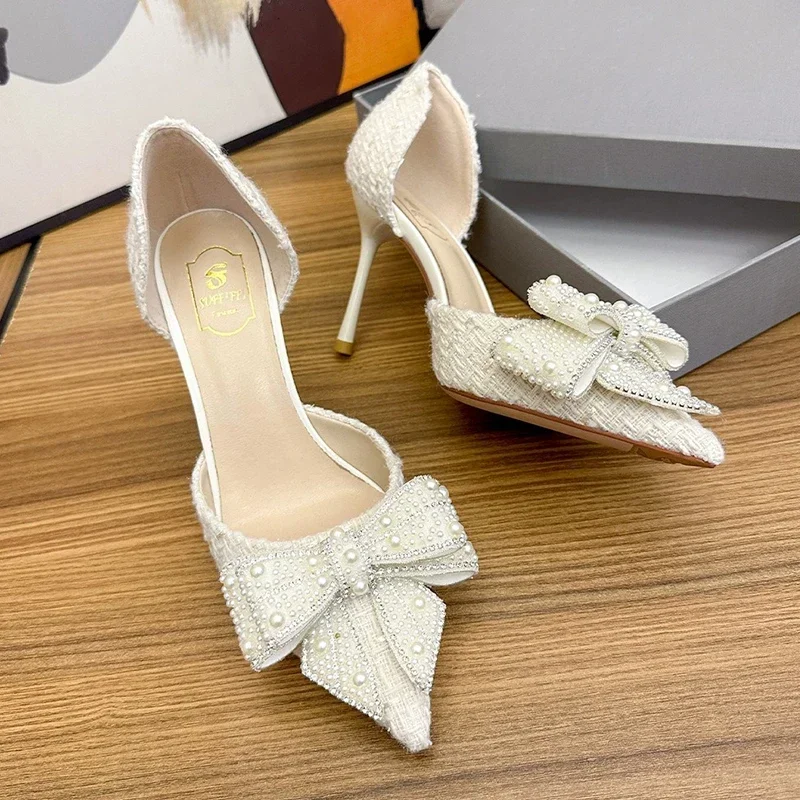 Bling Crystal Bow Thin Heels Pumps Women sandals 2024 New Slip-On Pearl Wedding Party Shoes Woman High Heels Bridal Shoes