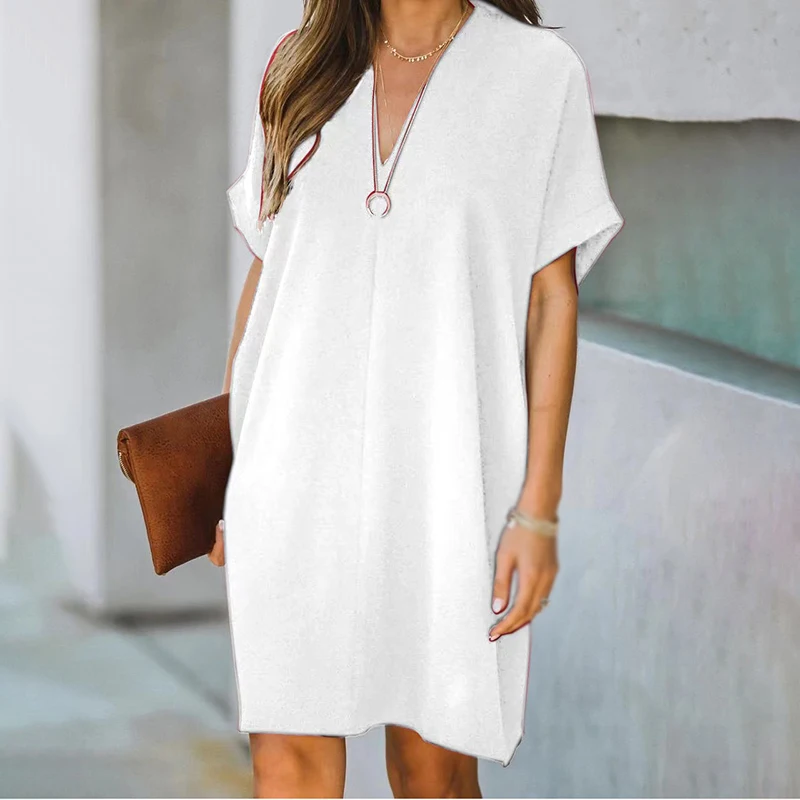 

Summer New Chiffon Women Dress Black V-neck Short Sleeve Loose Dresses Female Casual Elegant Fashion Ladies Clothes