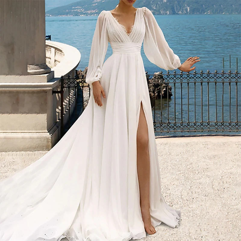 Sexy Lace Women Dress For Wedding v-neck Long sleeves Side Slit Bridal Beach Gowns Customized