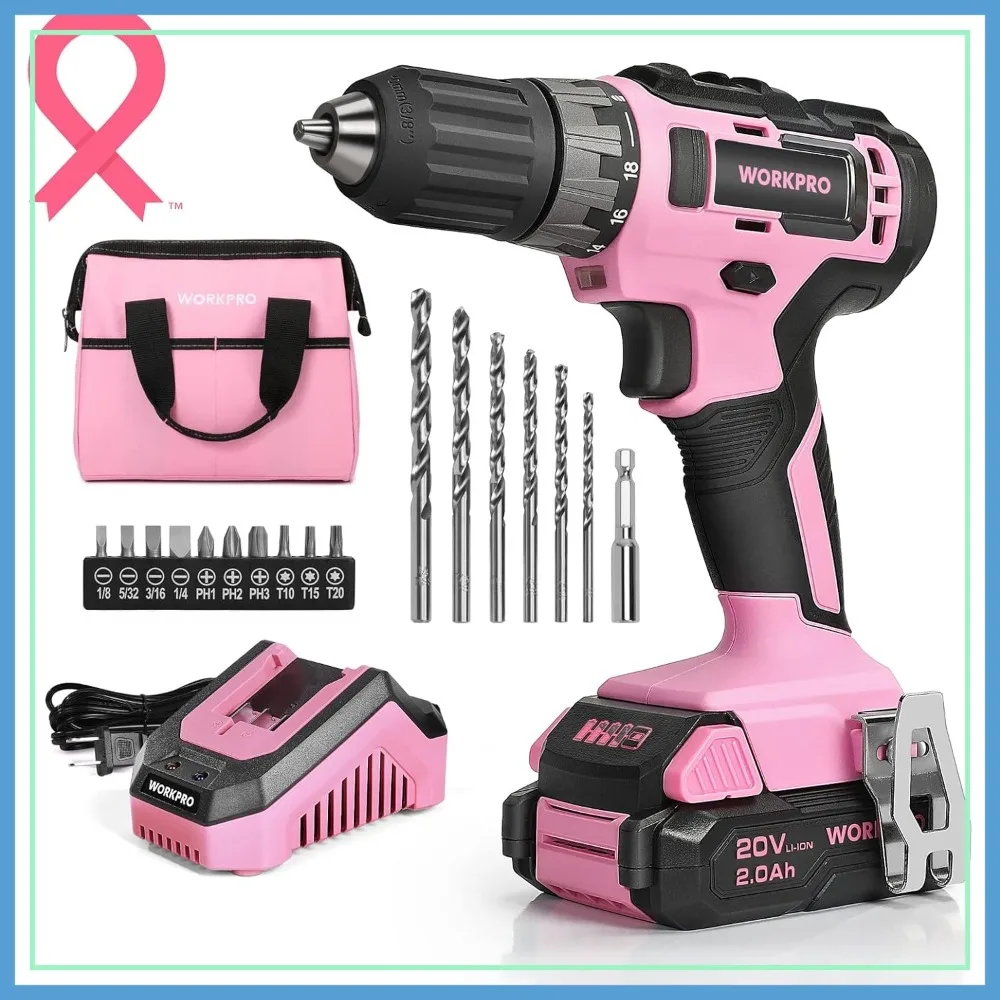 

20V Pink Cordless Drill Driver Set, 3/8" Keyless Chuck, 2.0 Ah Li-ion Battery, 1-Hour Charger & Storage Bag