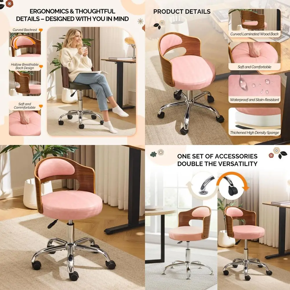 

Розовое офисное кресло-качалка из орехового дерева, без подлокотников, регулируемое, в ретро-стиле, с мягкой обивкой для учебы или работы