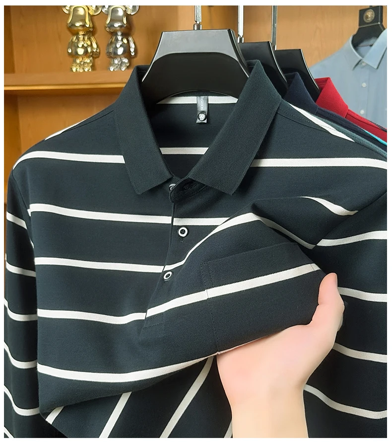 Leichtes Luxus-Poloshirt mit Streifenmuster, langen Ärmeln, für Herren, bequem, hochwertig, mit Tasche, neues lässiges T-Shirt, Frühling/Herbst, modisches Oberteil mit Kragen. – Detail 11