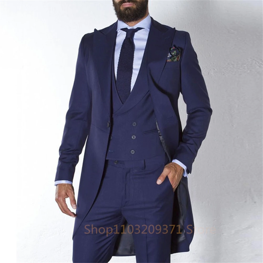 Navy Blue Long Tail Coat 3 Piece Gentleman Man Suits Male Fashion Groom Tuxedo for Wedding Prom Jacket Waistcoat with Pants