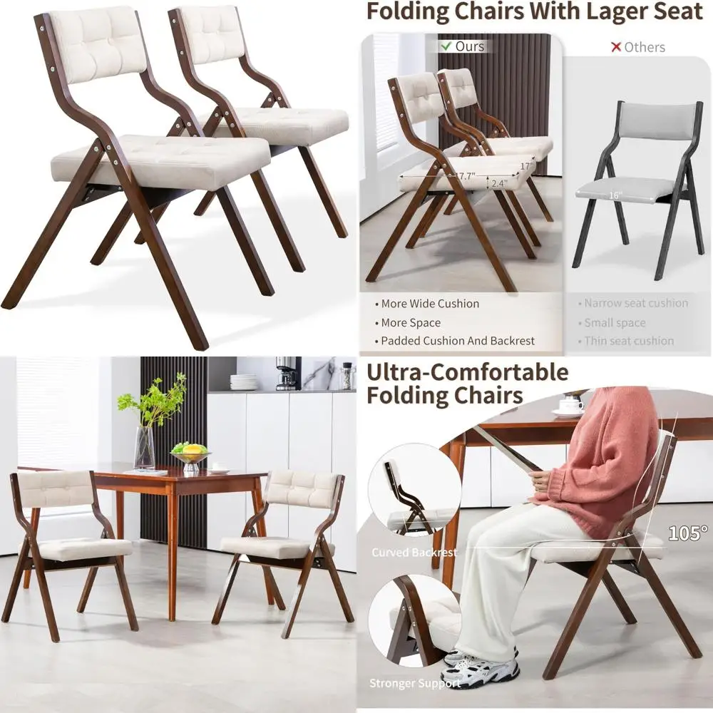 

Folding Chairs Cushioned Wooden 2-Pack, Portable Padded Folding Chairs for Kitchen Office Guests, Assembled Comfortable Seats