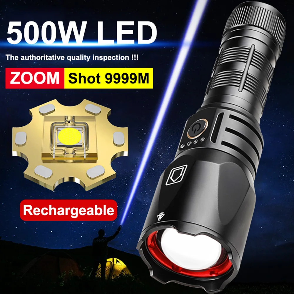 

9000000LM 500W LED Flashlight USB Recharge Flash Light 9999M High Power LED Flashlight Zoom Tactical Lantern Long Shot Torch