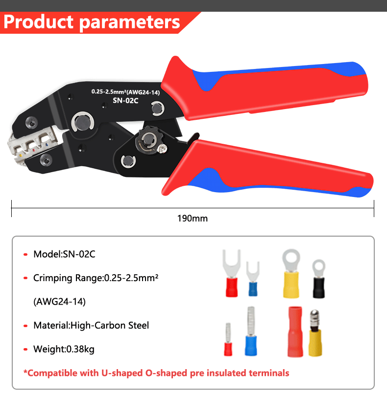 Handcrimpzange 0,25–2,5 mm2, verstellbare Ratchat-Crimpzange, 280-teiliges Kabelschuhe-Sortiment-Set, isoliertes Draht-Crimp-Set SN-02C – Detail 2
