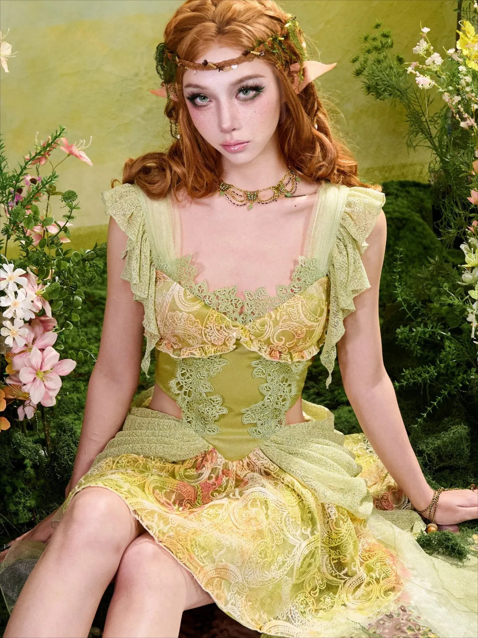 

Gorgeous Forest Style Sweet Girly Atmosphere Lace Green Cut-out Slim Dress Heavy Work Flower Embroidery Suspender Puffy Dress