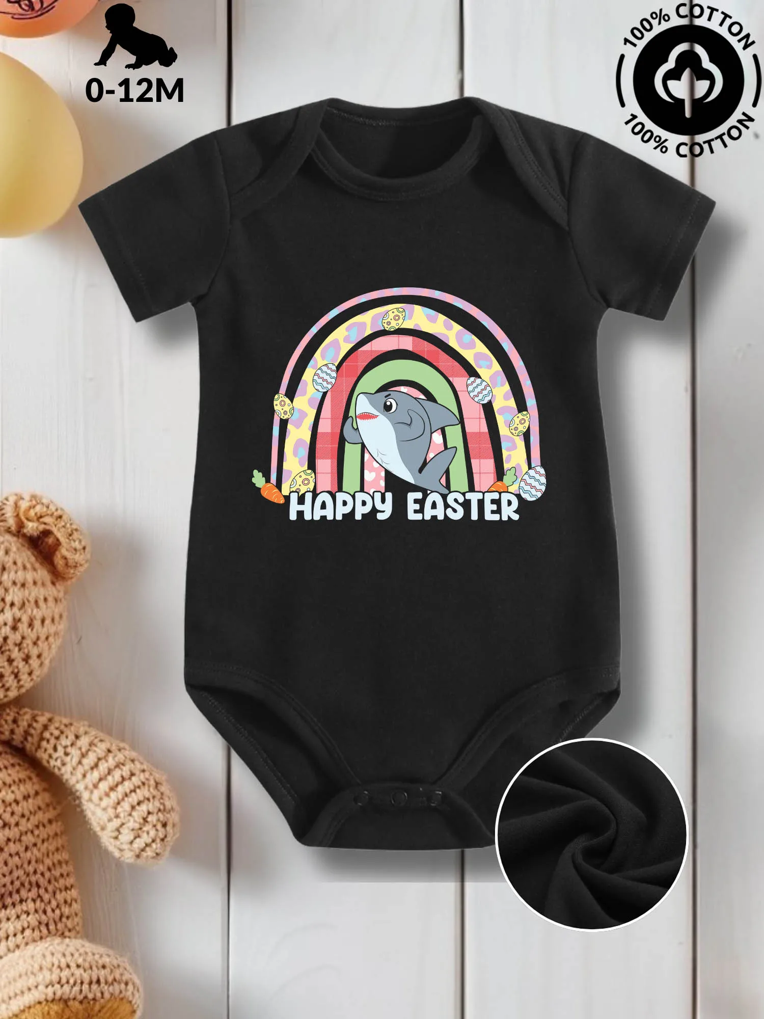 

Shark Happy Easter Unisex Baby Crawling Suit, Pure Cotton Skin Care Onesie, All-Season Wear Black Bodysuit 190GSM