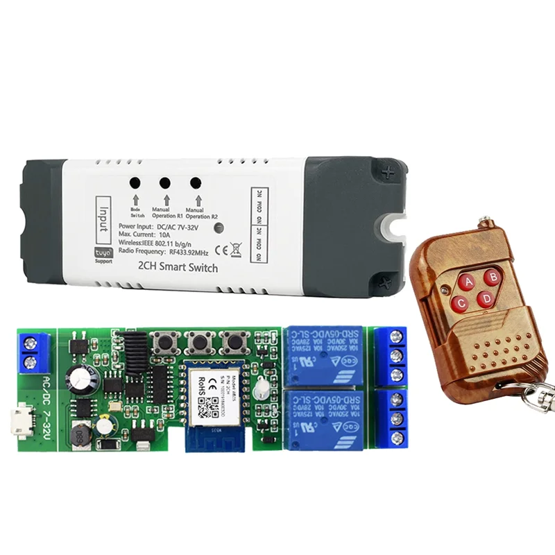 Tuya Smart WiFi Switch Relay Module+With RF Remote 2 CH AC/DC 7-32V RF/APP Remote Control Smart Home for Alexa-ABPS
