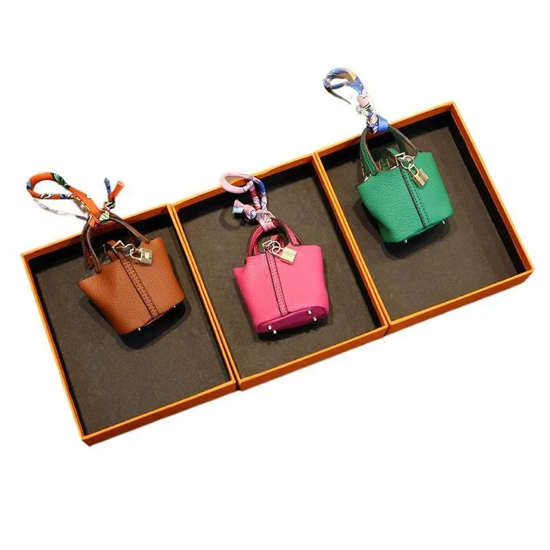 Mini Basket Bag Pendant High end Leather Car Keychain Pendant Cute Creative Earphone Bag