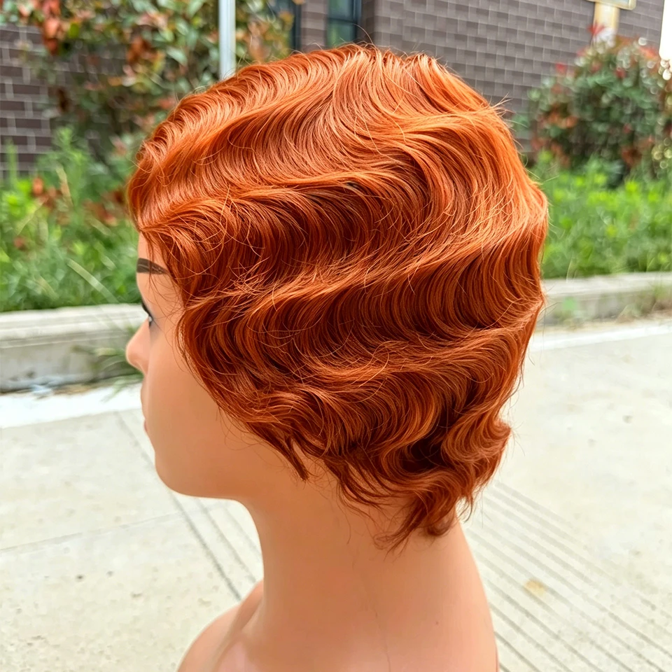 Upermall Full Machine Wig Finger Wave Wig Non Lace Human Hair Short Wigs Color 99J /27/4
