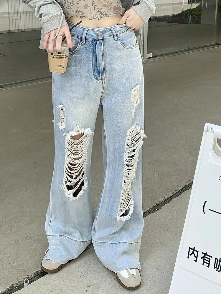 Vintage Holes Hollow Out High Waist Jeans Women Summer New Loose Casual Y2K Straight Denim Pants Female Wide Leg Trousers Girls