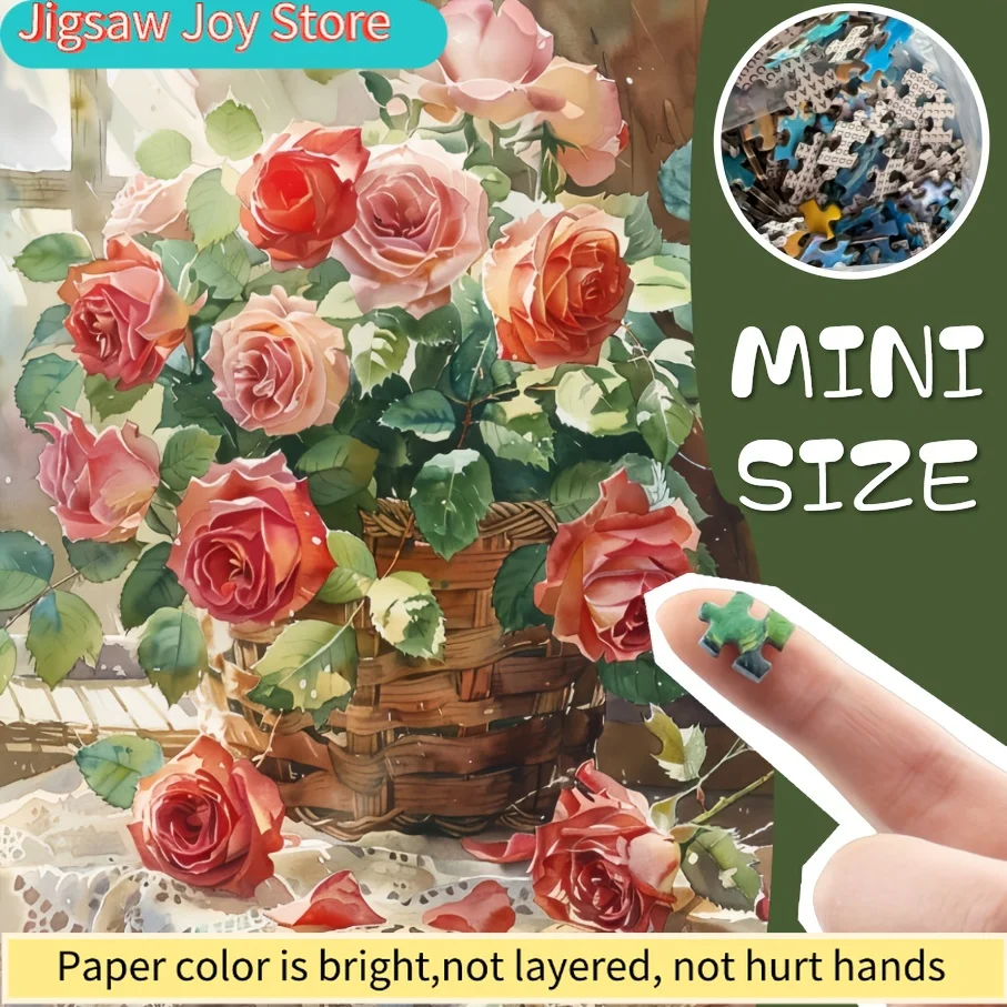 1 Box (500pcs) Mini Size Paper Puzzles | "The Roses in the Basket" Portable Card Game for Party & Family Activities, Scratch R