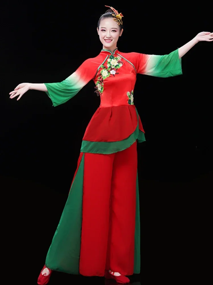 Red Yangko Dance Costume Ancient Folk Dance Fan Oriental Dance Clothing Chinese Style Classic Waist Drum Stage Costume Outfit
