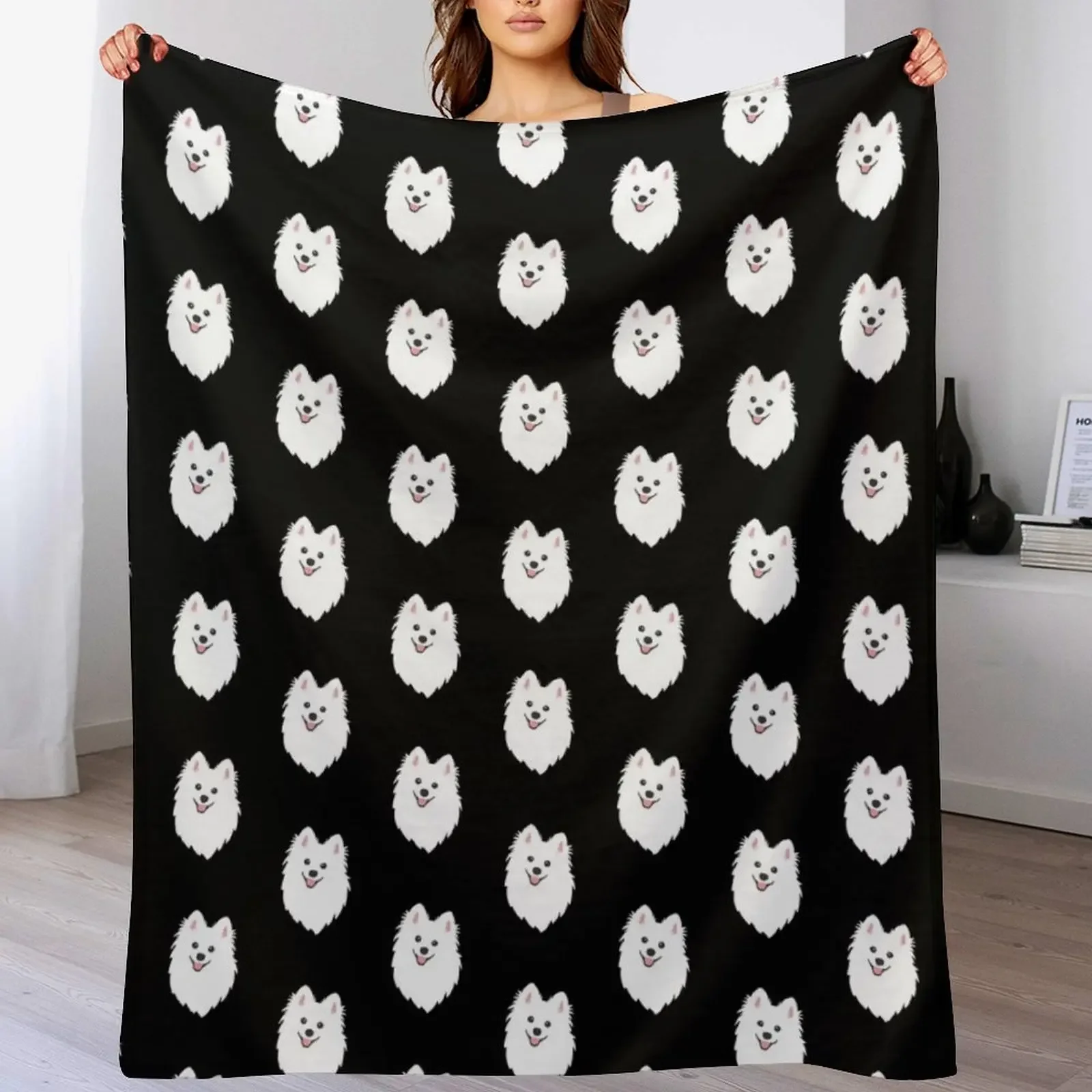 

Curious White Spitz Puppy Dog - Charcoal Black Throw Blanket Bed linens Extra Large Throw christmas gifts Nap Blankets
