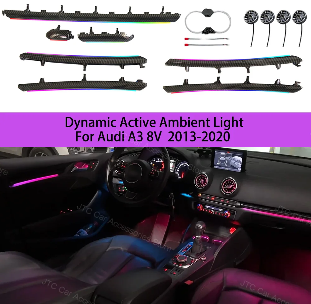 Декоративный окружающий свет для Audi A3 8V 8Y S3 RS3 2013-2020, приборная панель, вентиляционное отверстие, светодиодная атмосферная лампа с подсветкой, полоса, 30 цветов