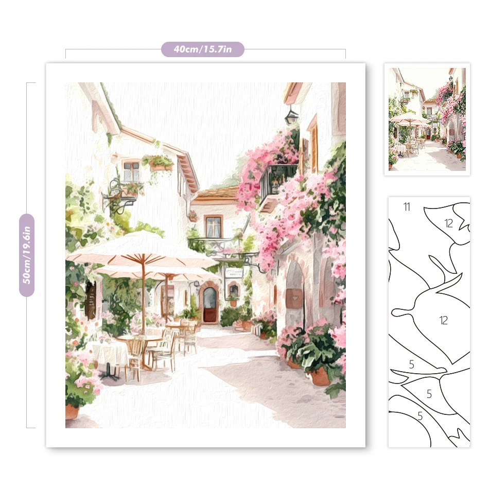 Gemälde zum Malen nach Zahlen, kleine Stadtarchitektur, Aquarell, zum Ausmalen für Erwachsene, handgefertigte Ölkunst-Farbmarkierungen-Sets