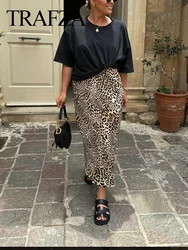 TRAFZA Retro Skirt Leopard Print High Waist H-Line Slim Women's Causal 2024 Fashion Female Summer Elegant Straight Skirt TRAF