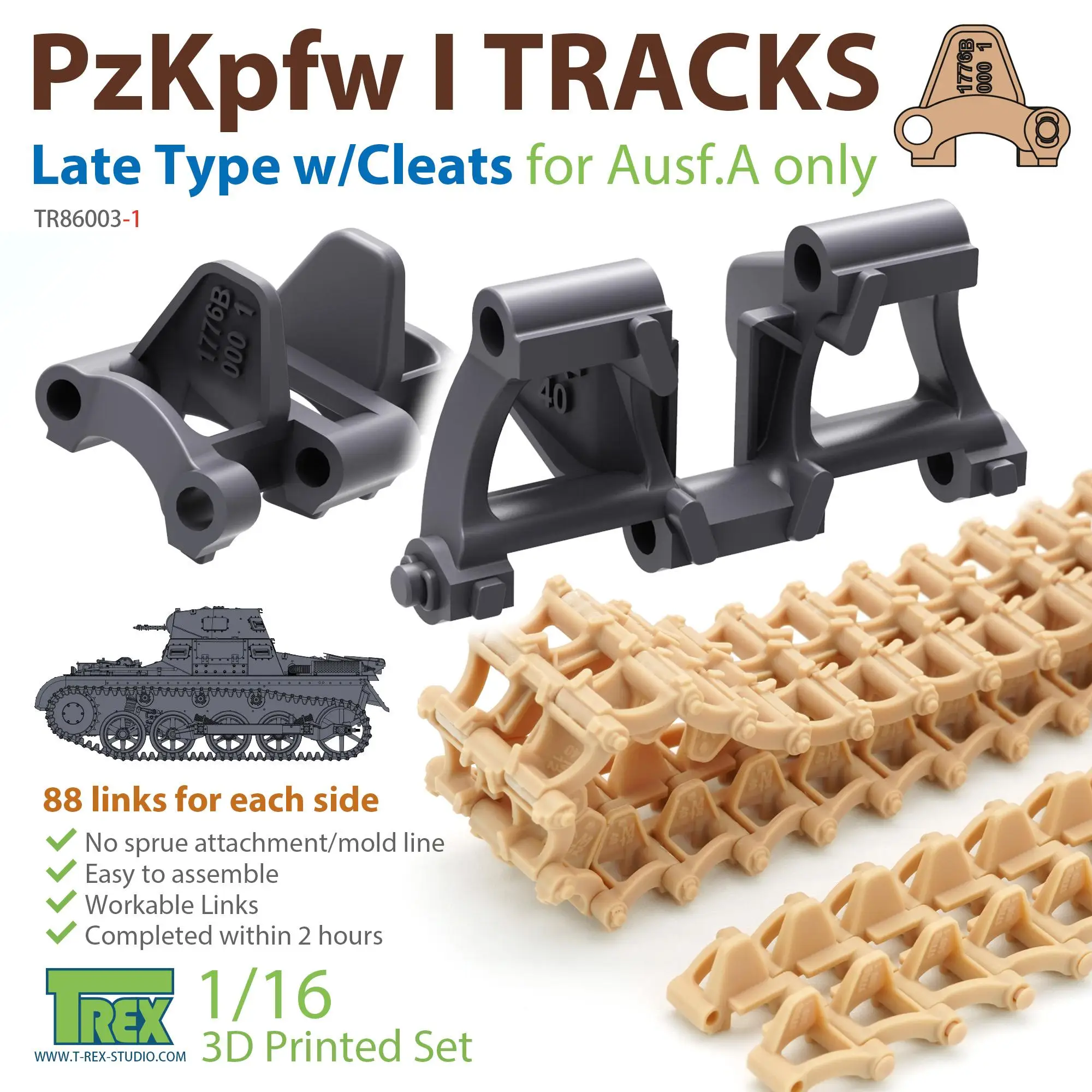 T-REX 86003-1 1/16 PzKpfw I Tracks Late Type w/Cleats for Ausf.A only