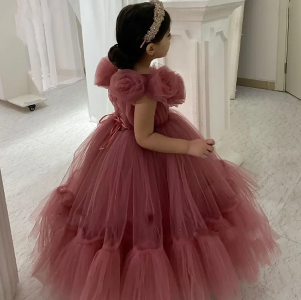

Baby Toddler Puff Sleeve Tulle Bow A-Line Tutu Twirly Babydoll Flare Ball Gown Princess Flower Girl Dress