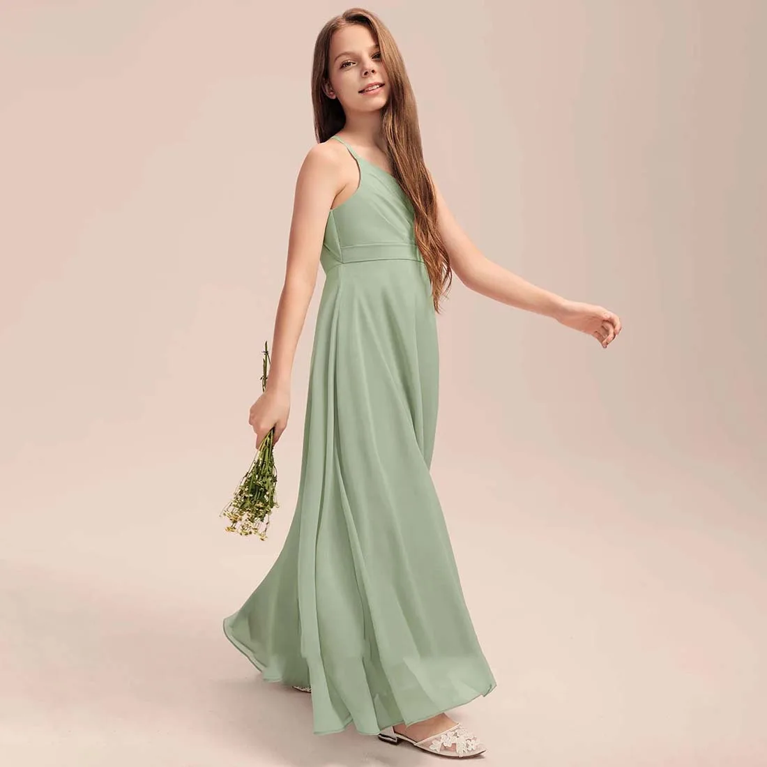 YZYmanualroom Chiffon Junior Bridesmaid Dress With Pleated A-line V-Neck Floor-Length 2-15T