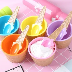 1 Set Children Colored Ice Cream Dessert Small Bowl + Cone Spoon Plastic Children's Party Style Dollhouse Kitchen Accessory