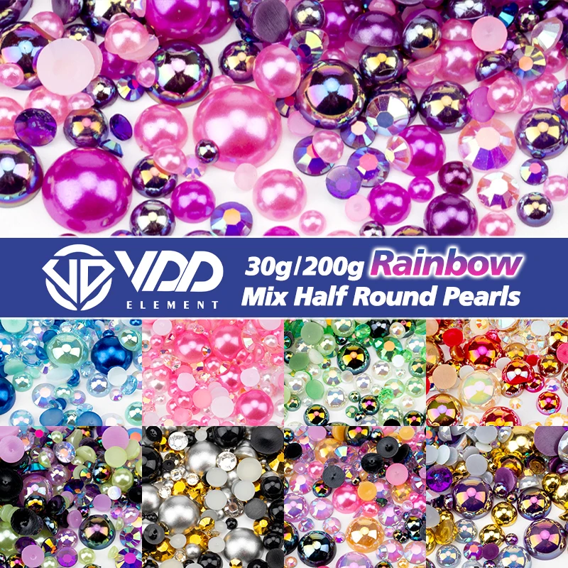 VDD 30/200g Mix Size 3mm-10mm ABS Half Round Pearls Flatback Beads AB Color Resin Rhinestone For Crafts Nail Art DIY Decorations