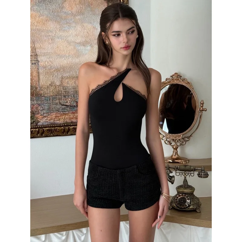 

2026 Spring Solid Color One Shoulder Cut Out Bodysuit For Women American Style Slim Fit Backless Cross Strap Thong Bodysuit Y2K