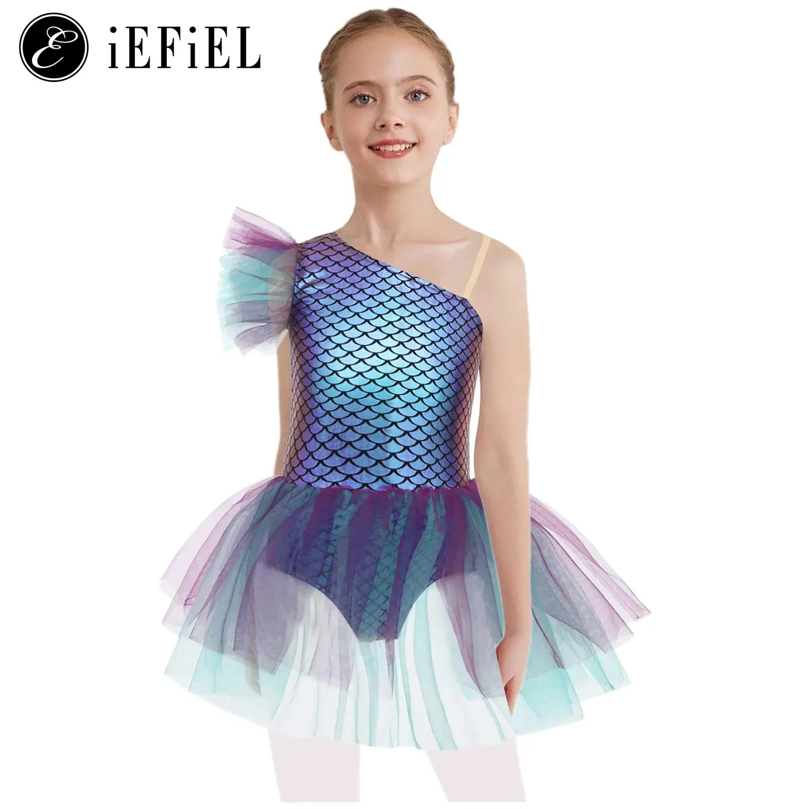

Girls Halloween Ballerina Costume Mermaid Ballet Tutu Dress Gymnastics Leotard One Shoulder Fish Scales Metallic Dance Bodysuit
