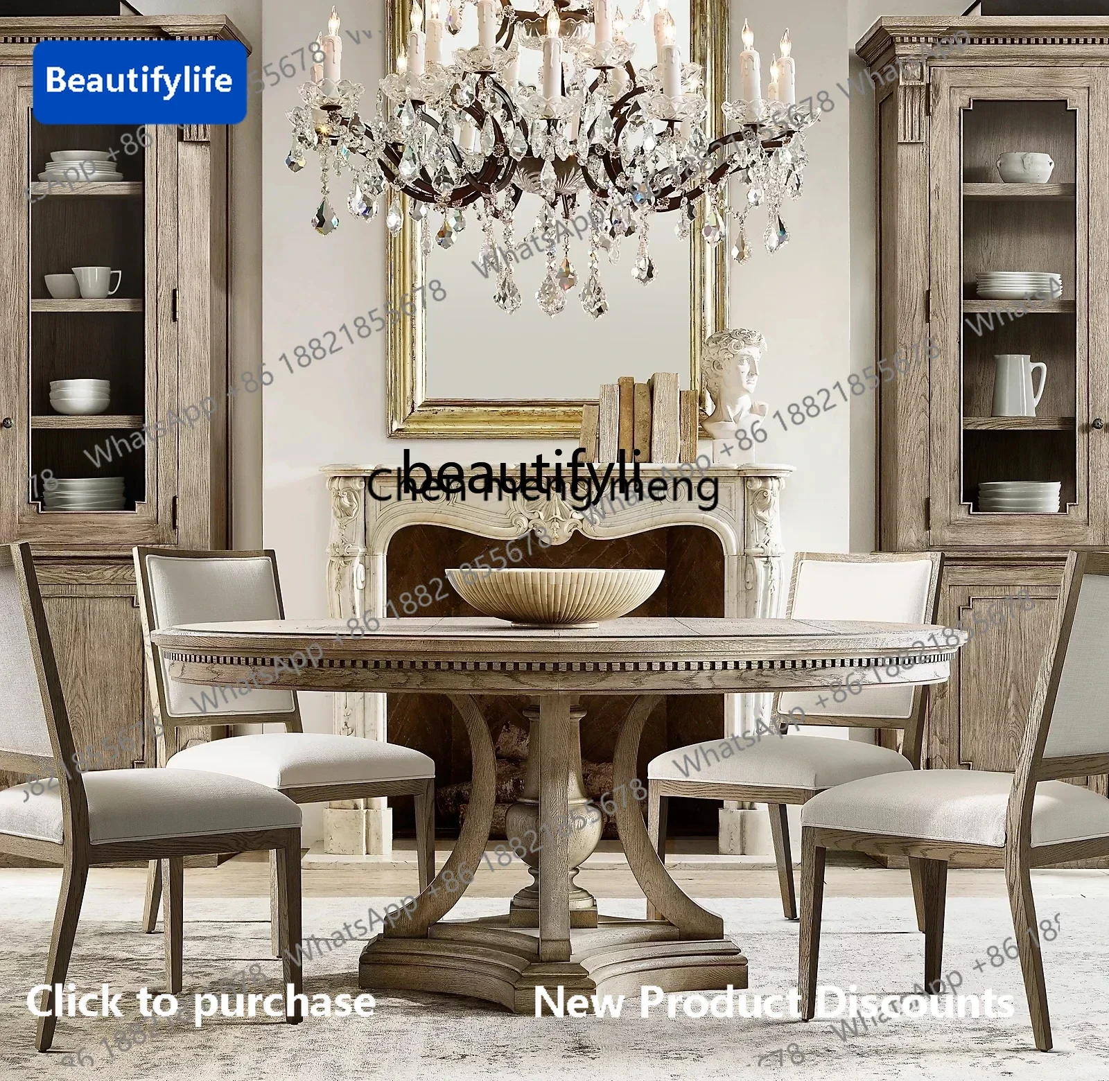 

183F Oak pure solid wood retro round dining table and chairs living room home dining table furniture