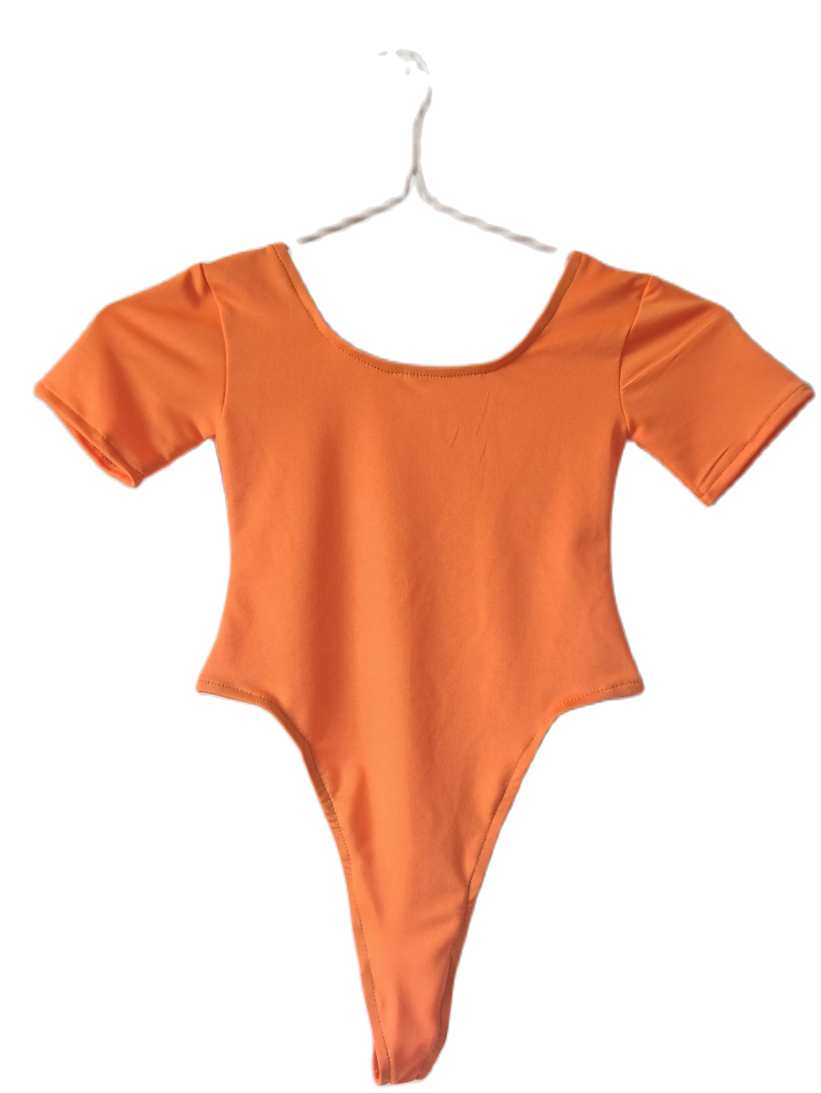 Orange Big round neck high cut leg Lycra Dancewear Thong Bodysuit Ballet Gymnastics Leotard jumpsuit Unitard Short Sleeve