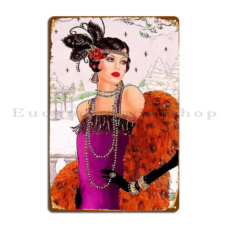 Flapper In Purple Vintage 1925 Art Deco Print Metal Sign Club Custom Classic Wall Decor Bar Cave Tin Sign Poster