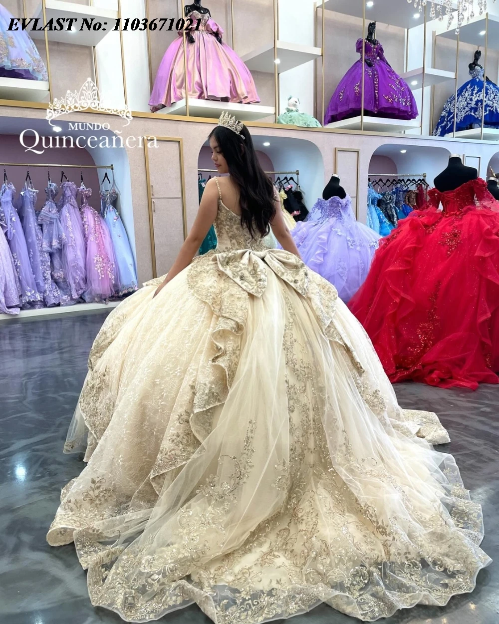 Evolt personalizado champanhe quinceanera vestido de baile brilhante renda apliques miçangas em camadas doce 16 vestidos de 15 anos sq656