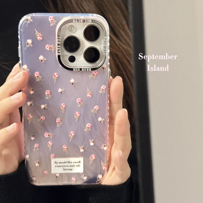 Luxury Pink Flowers Glitter Laser Phone Case For iPhone 16 Pro Max 15 14 13 12 11 Pro Max Shockproof Lens protection Cover