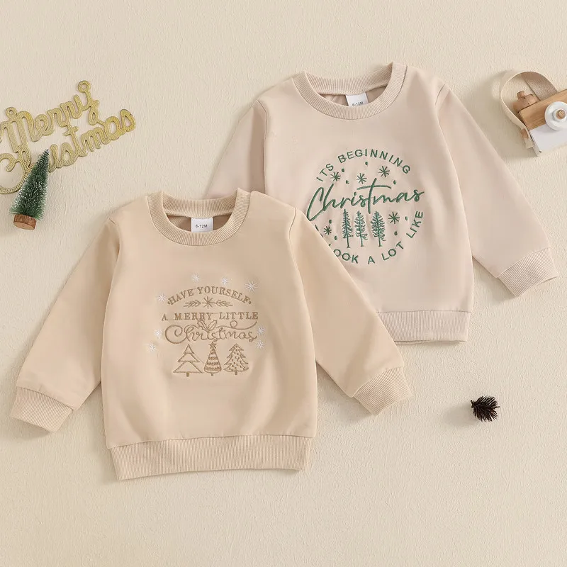 RUEWEY 6 Months to 4 Years Toddler Boy Girl Christmas Sweatshirt Letter Tree Embroidery Long Sleeve Round Neck Loose Pullover