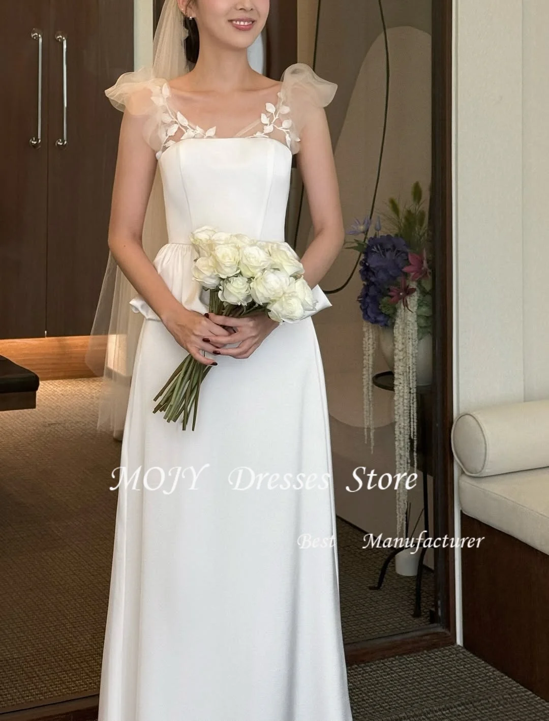 

Mojy O-Neck Crepe Lace 2025 Customized Ivory A-Line Elegant Wedding Dresses Corset Bride Growns 웨딩드레스 Customized