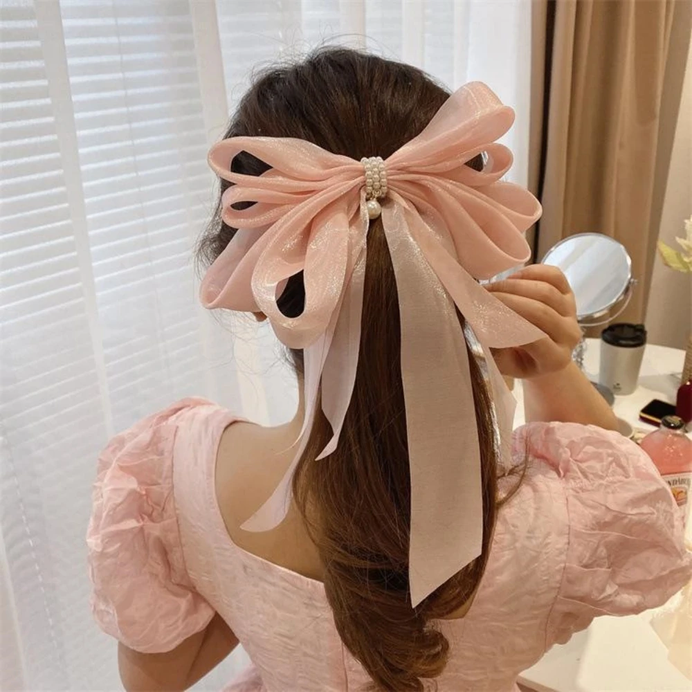 Elegant Bow Ribbon Hair Clip Fashion Simple Solid Satin Spring Clip Hair Pin Retro Headband Pearl Pendant with Clips Girls Hair