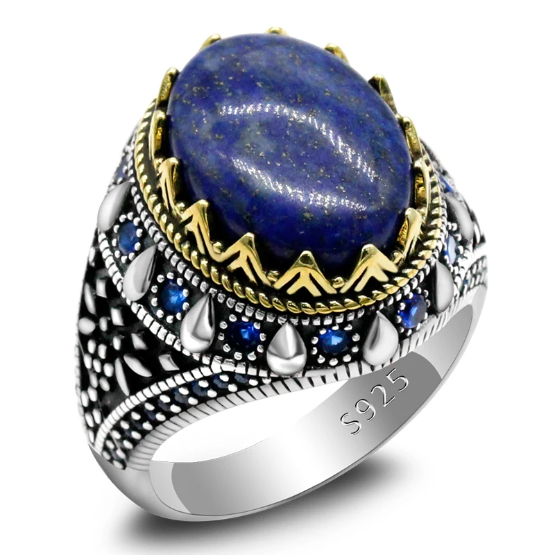 Turkish Jewelry Men's Natural Lapis Lazuli 925 Sterling Silver Ring Vintage Zircon Punk Style Men's Women's Jewelry Silver Ring