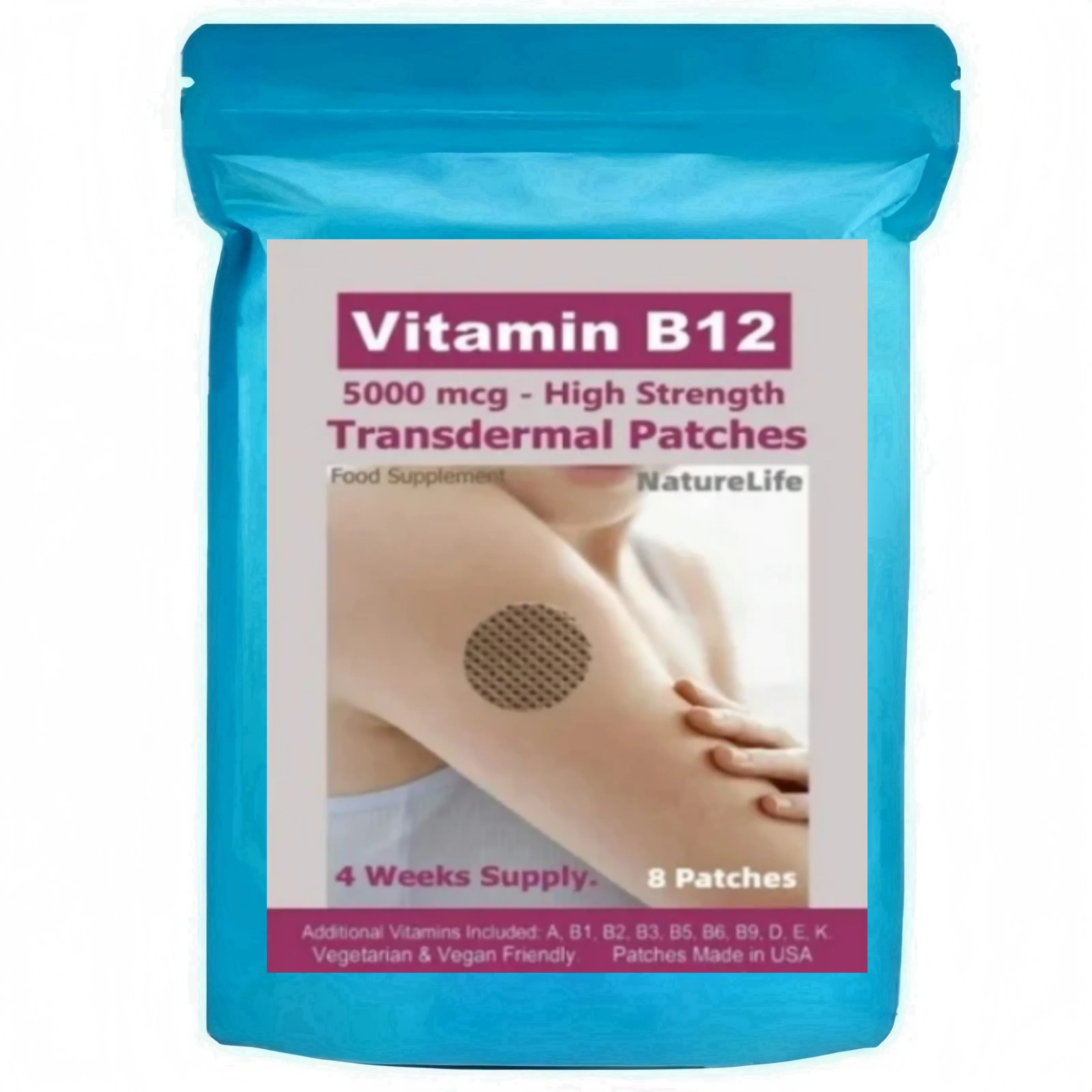 Vitamin B12 (High Strength) Transdermal Patches, w/Vitamins B2, B6 - Supports Energy Production, Brain Function & Metabolism