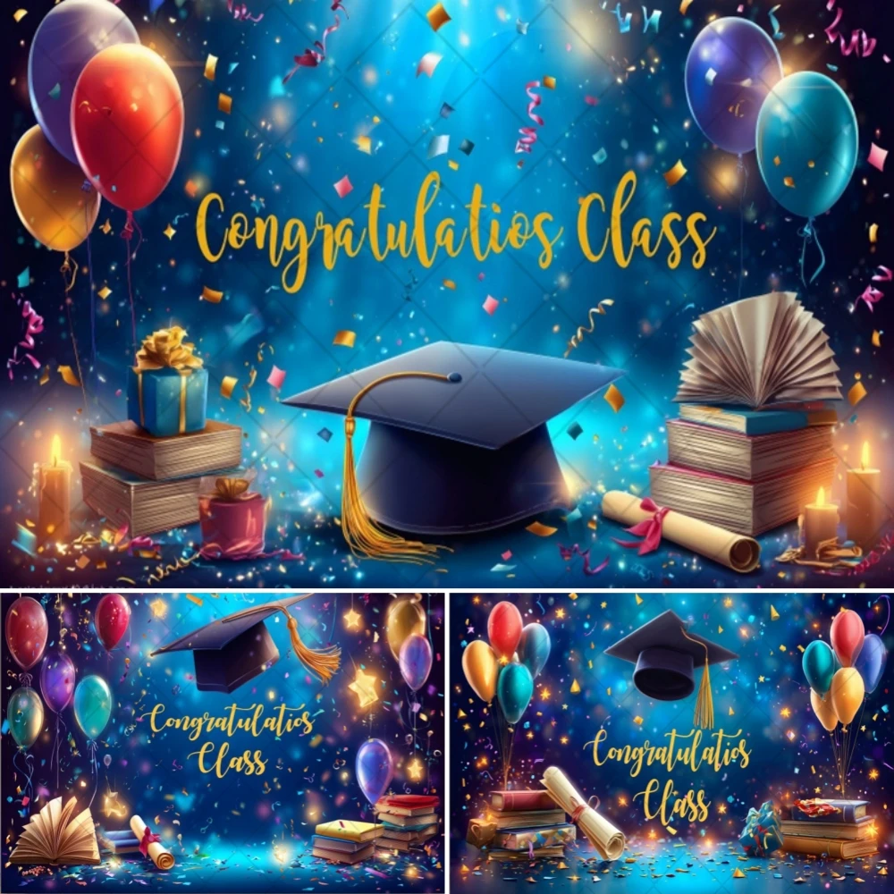 

2026 Graduation Photo Background Glitter Blue Gold Bachelor Hat Balloons Celebrate Graduate Prom Party Prop Photography Backdrop