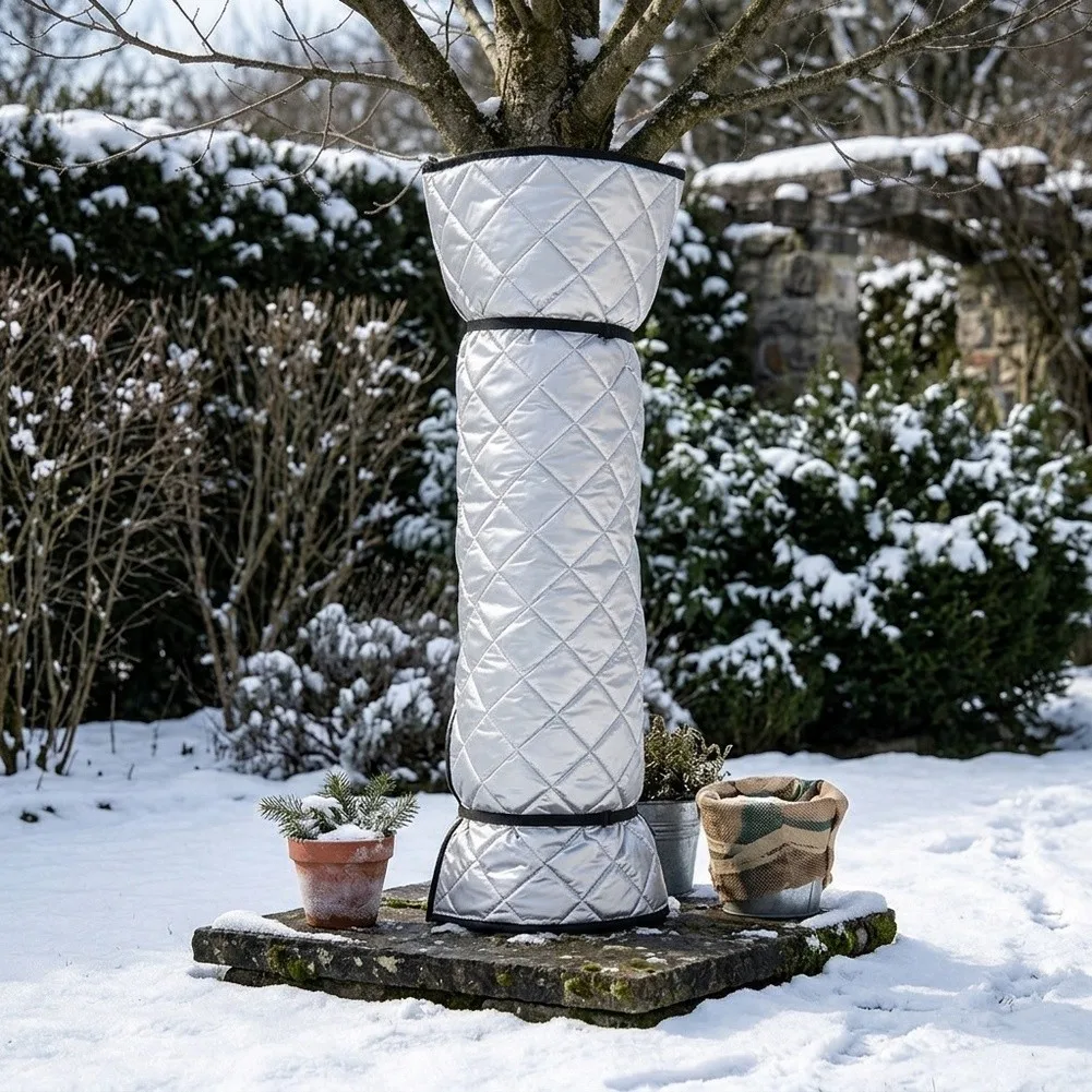 Tree Trunk Protection Blanket Quilted Winter Cover with Drawstring for Cold Climate Use 100x100cm Silver Cotton Material