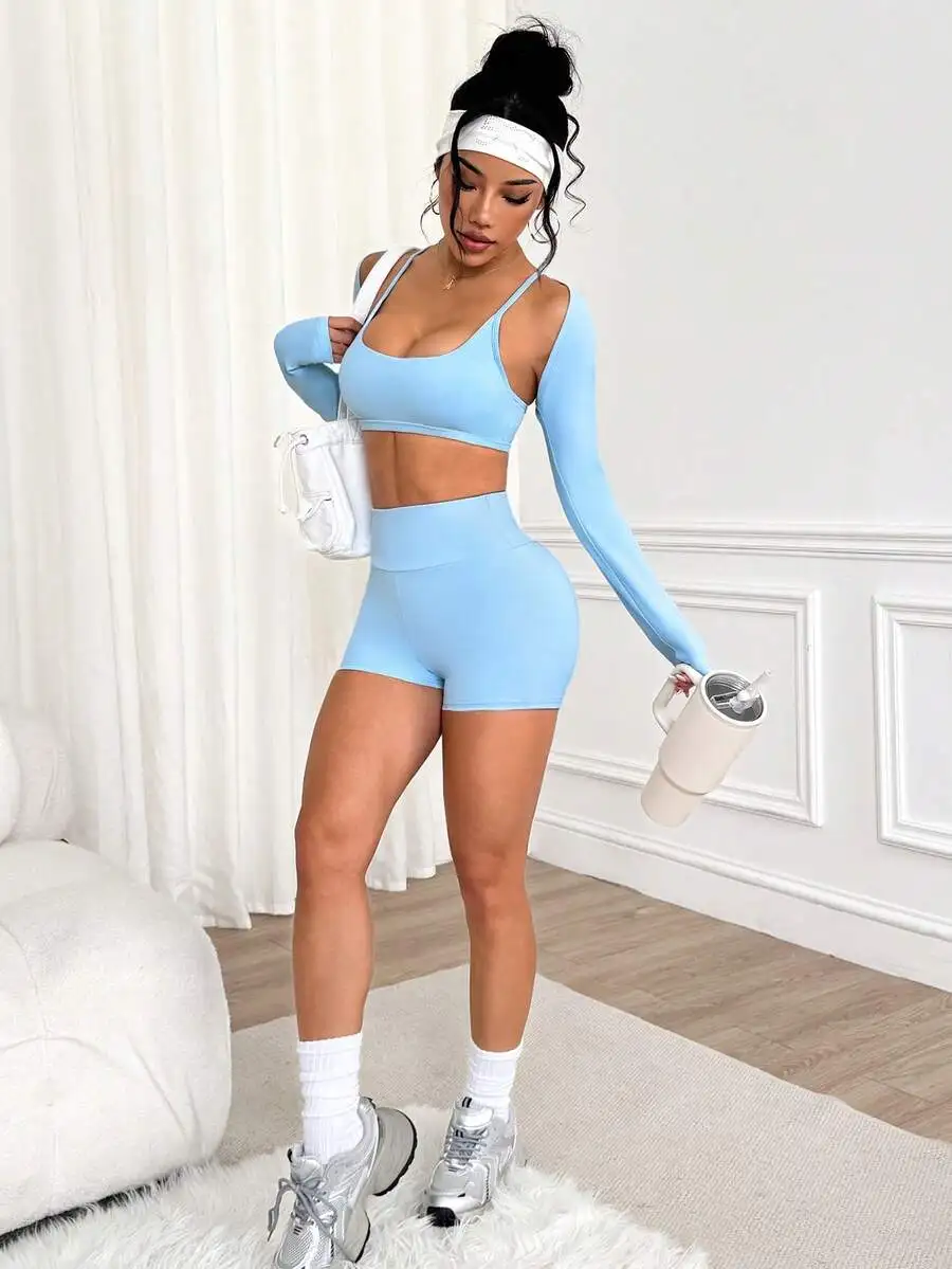 

Women 3 Piece Athletic Set: Long Sleeve Wrap Top, Sports Bra, High Waisted Shorts