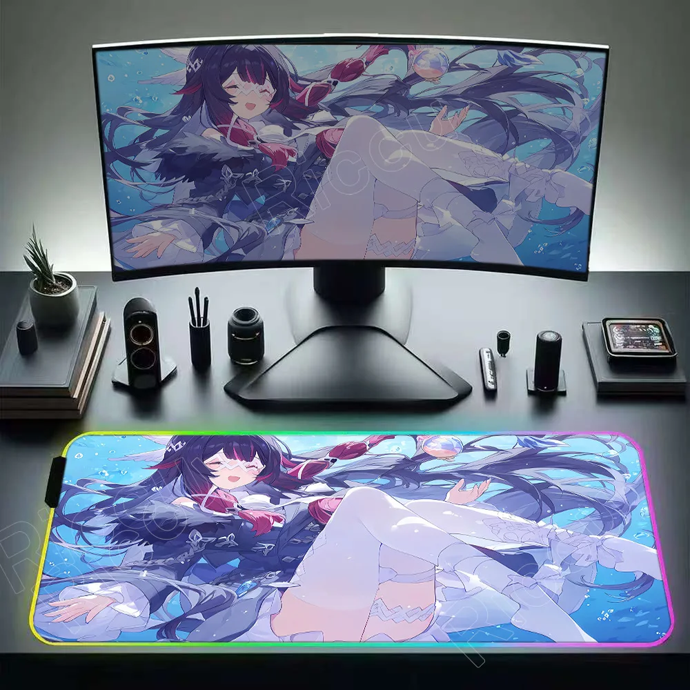 Anime RGB Desk Mat Genshin Impact Mouse Pad Columbina Game Mousepad Gaming 900×400mm Non-slip Rubber Keyboard Pad Large Mice Mat