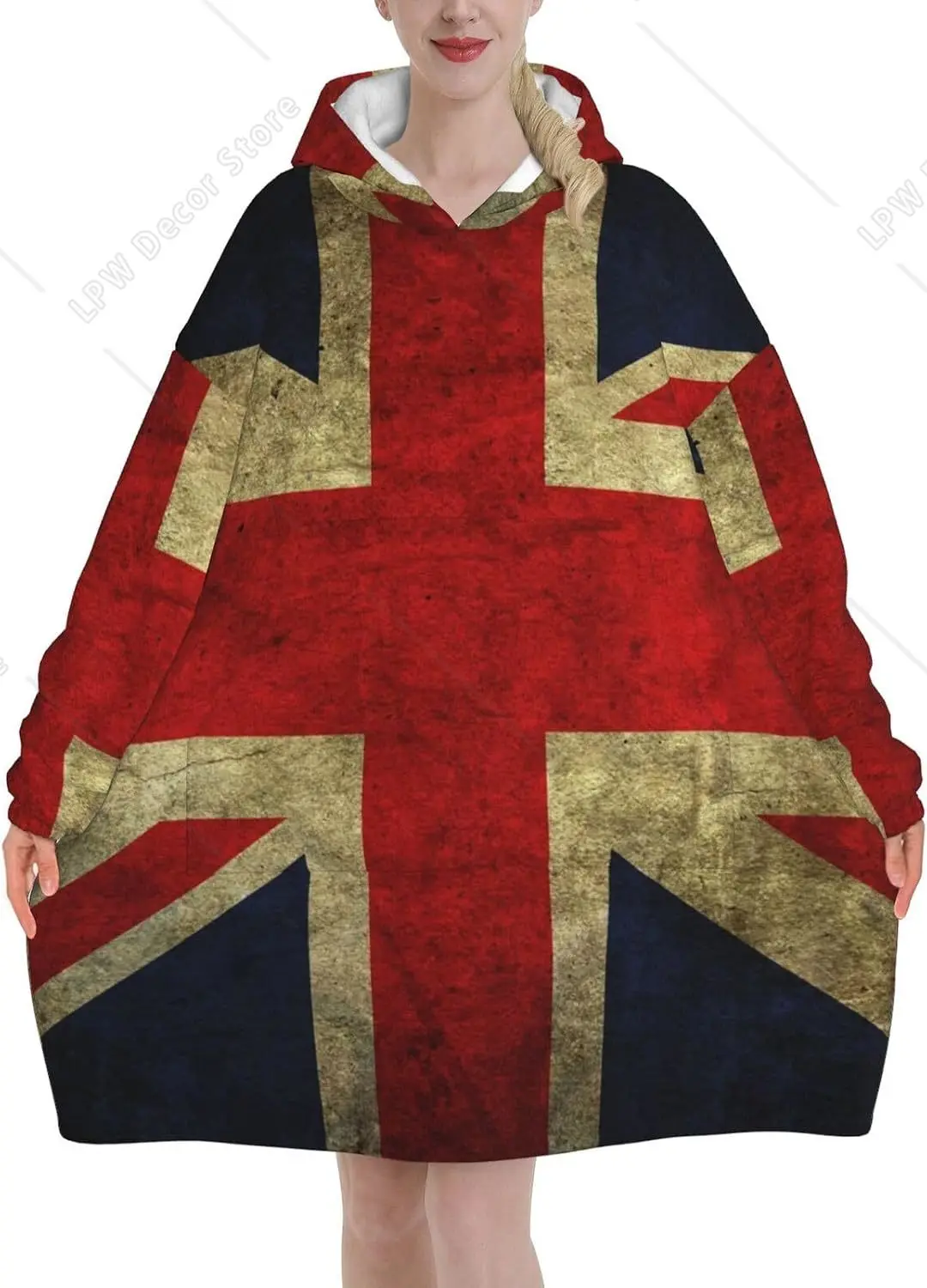 British Flag Print Blanket Hoodies For Women & Men Adult Teen Wearable Hooded Sweatshirt With Pocket