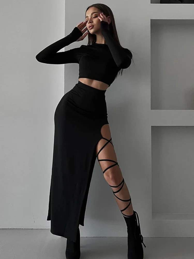 

TARUXY Side Slits Lace Up Skirt Sets Sexy Slim Solid Bodycon Crop Tops Woman High Waist Maxi Skirts 2 Piece Suits Womens Outfits