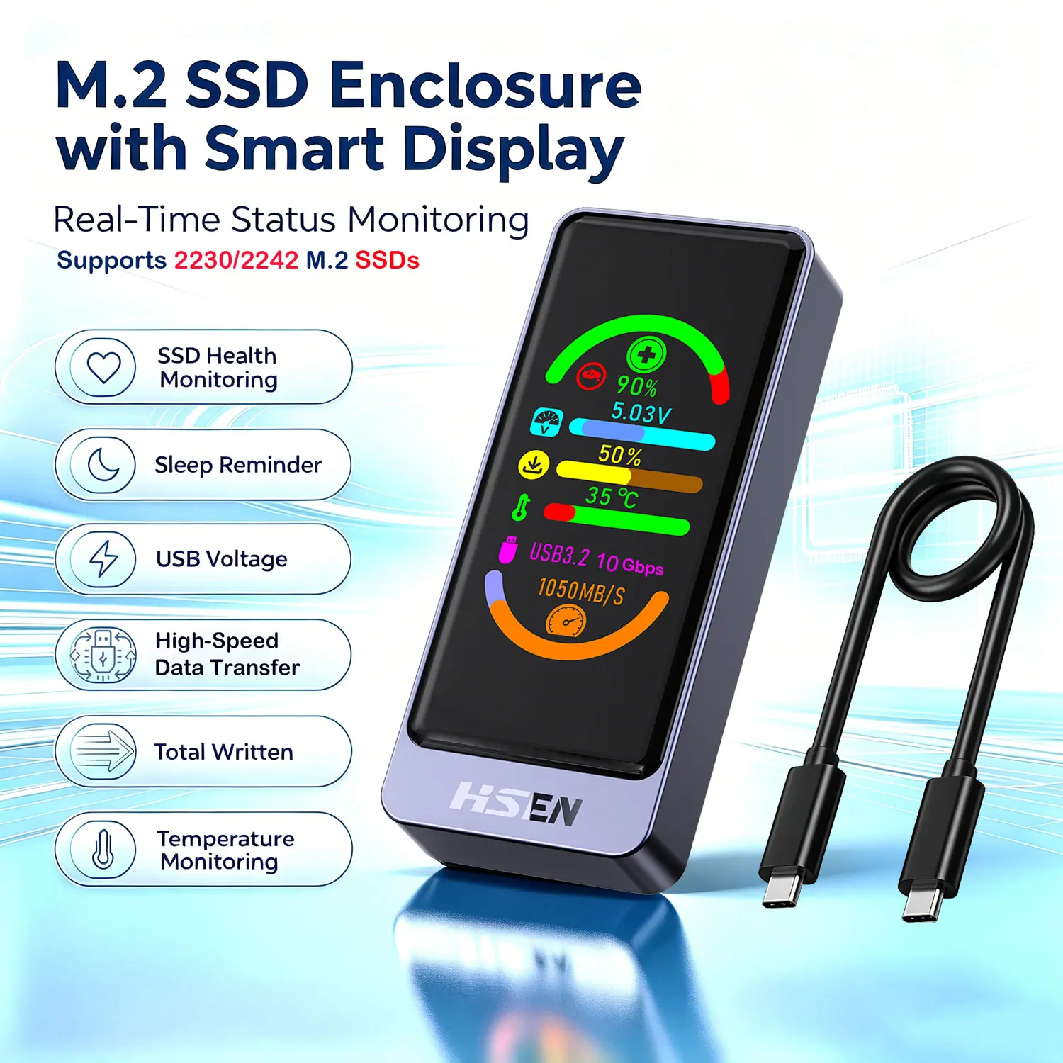 スマートディスプレイ搭載 M.2 SSD エンクロージャ USB3.2 10Gbps アルミケース NVMe PCIe & SATA デュアルプロトコル 外付けハードドライブボックス 2230/2240対応