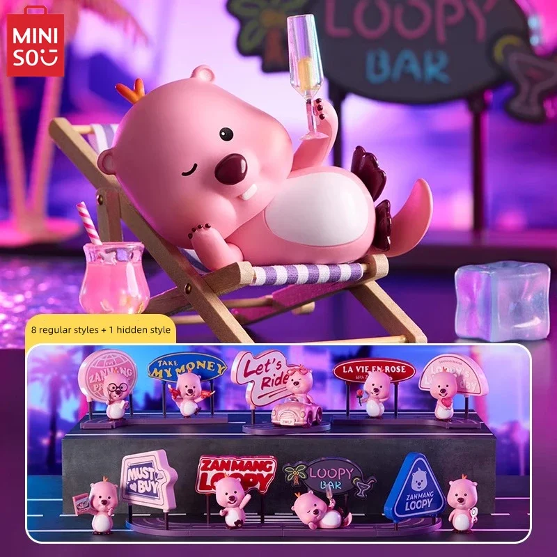 MINISO mainan anak-anak, kotak buta seri LOOPY Neon ornamen jalan kartun Capybara Dekorasi Desktop Model mainan hadiah ulang tahun