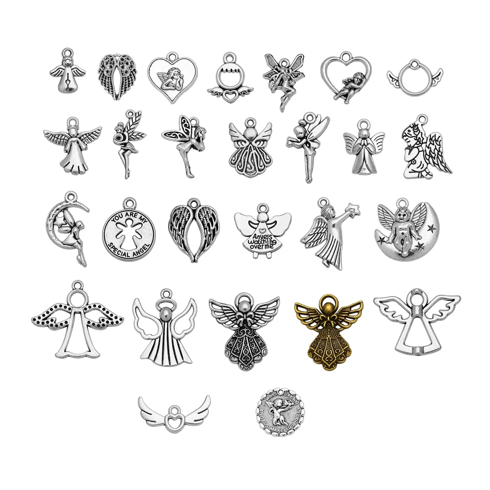 10/30pcs/lot Antique Silver Plated Angel Fairy Charms Cupid Heart Winged Pendant For Diy Jewelry Making Supplies Accessories