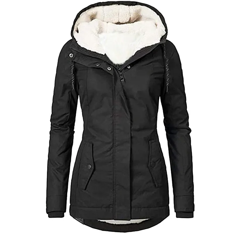 Zipper Outdoor Jacket for Women Warm Windproof Waterproof Mountaineering Hooded Coat Autumn Winter Long Sleeve Solid Color Tops