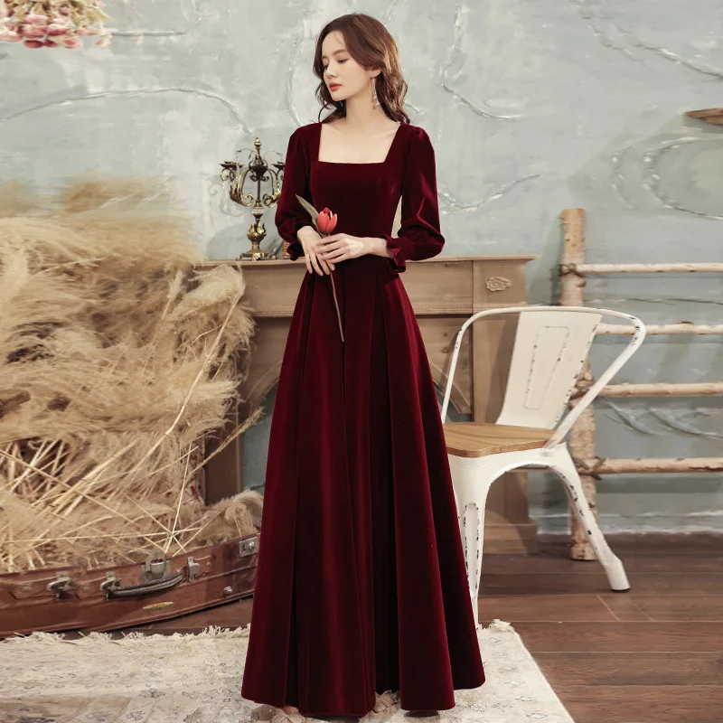 

Elegant Square Collar Burgundy Lantern Sleeve Velour Evening Dress Back Bandage Prom Gowns Cheongsam Robe De Soiree Vestidos